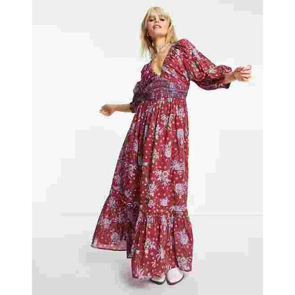 Free People Golden Hour Floral Red Maxi Dress Large - Picture 13 of 13